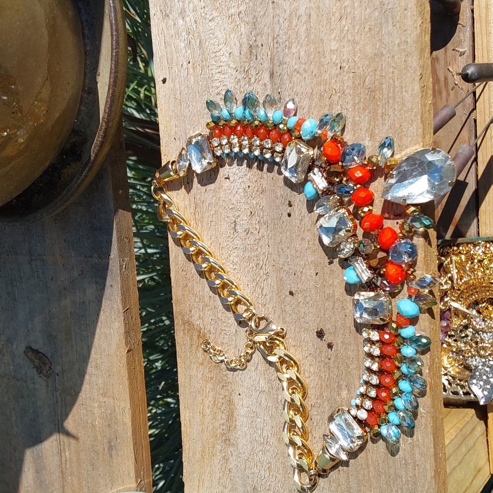 Chanel rhinestone With orange and turquoise beads gold tone